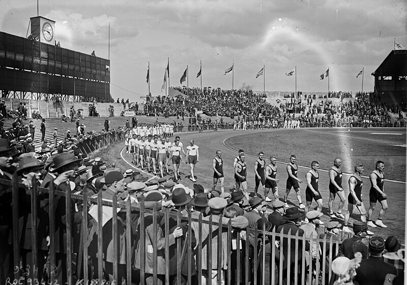 Athletes marching during the opening ceremony in Paris 1924 Summer Olympics