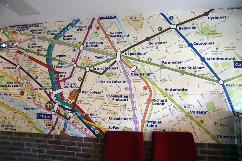 Nearby Location Map posted on the wall at Absolute Paris Hostel