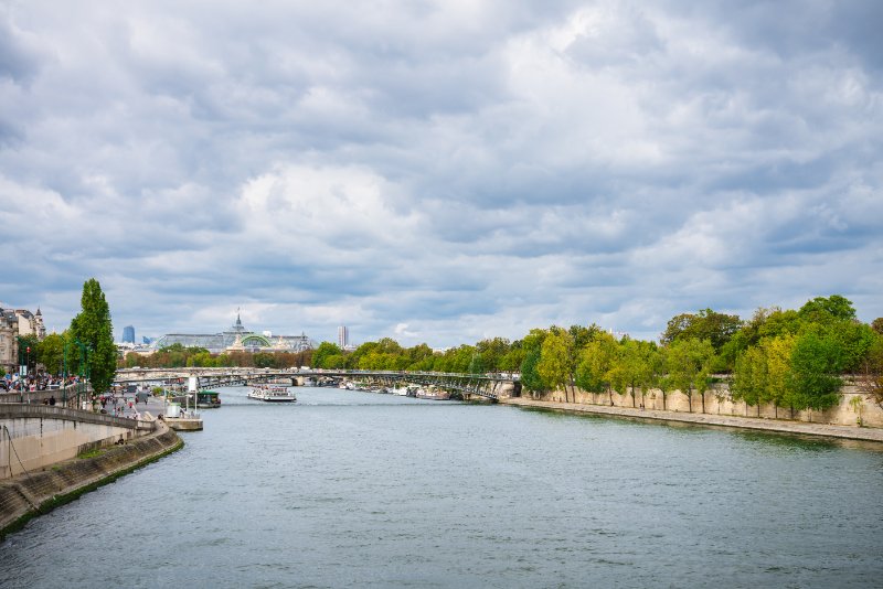 View of Bridge Passerelle Léopold Sédar Senghor by Seine river in Paris
