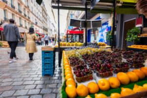 Fruits and vegetables on display at a street market