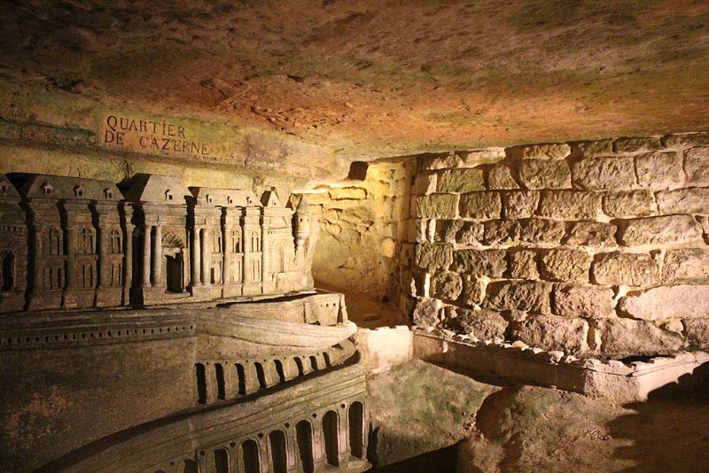 An underground look of the famed catacombs of Paris