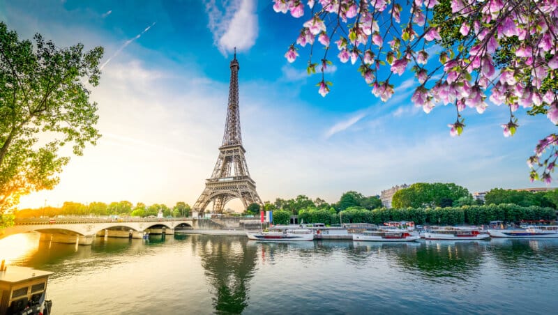 Eiffel tower and river seine with sunrise in Paris