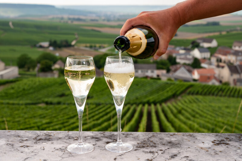 Tasting of brut and demi-sec white champagne sparkling wine from special flute glasses with view on green Champagne vineyards, France