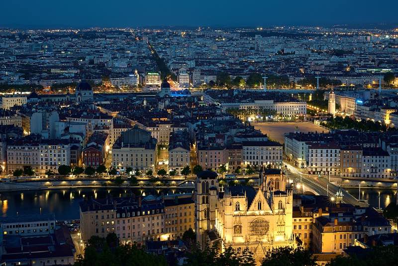 panoramic night view of Lyon, France