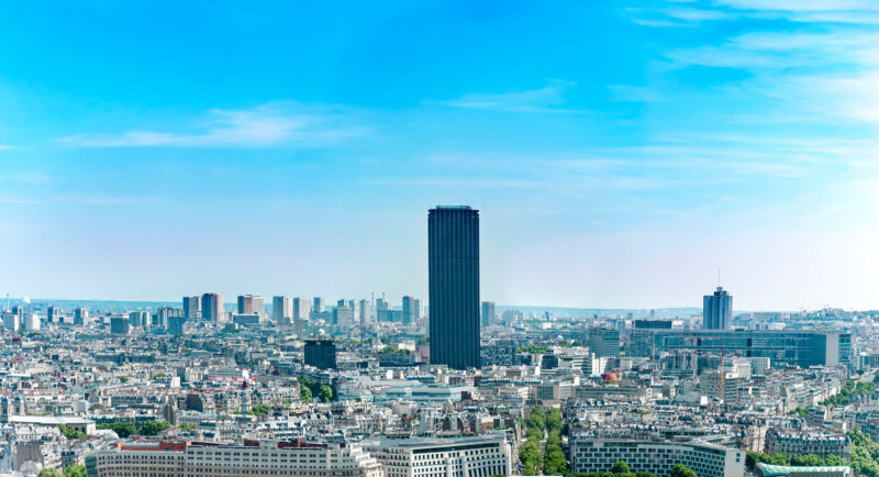 Aerial panoramic view of Montpernasse skyscraper and Paris skyline