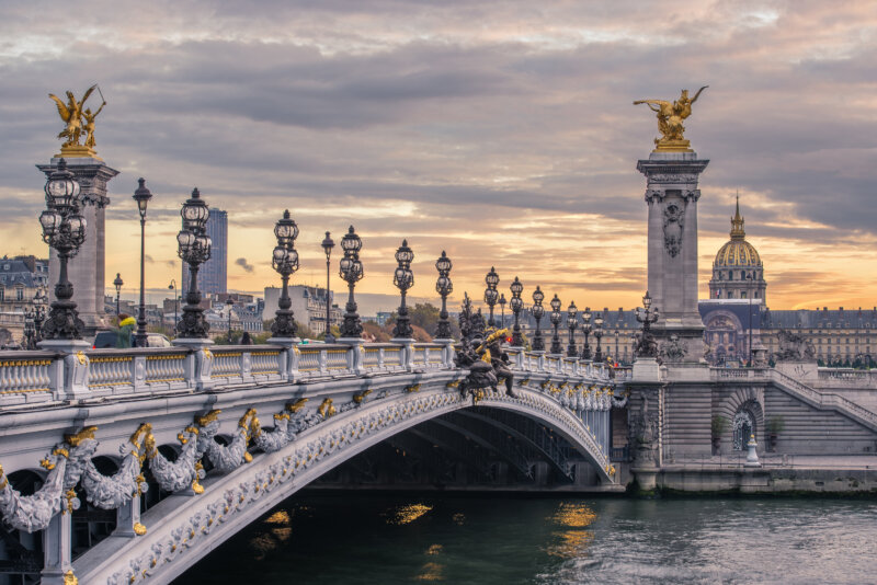 Pont Alexandre III at sunset over the river Seine. One of the main historical attractions of the French capital