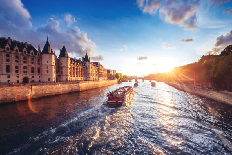 Dramatic sunset over river Seine in Paris, France