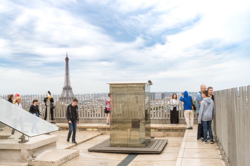 Visitors at the top of the Arc de Triomphe enjoying the top view overlooking the Eiffel Tower