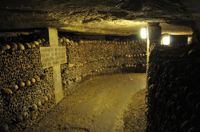 Skulls inside the Paris Catacombs