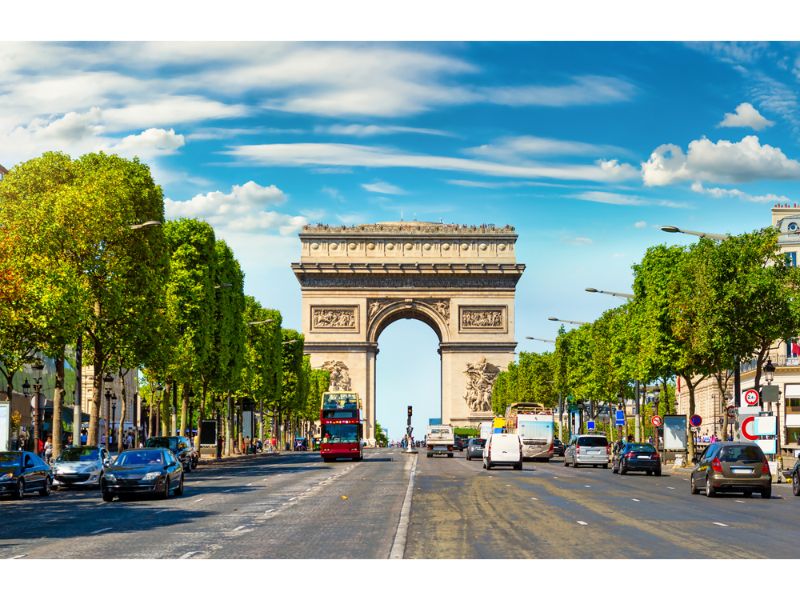 Road of Champs Elysee leading to Arc de Triomphe in Paris, France