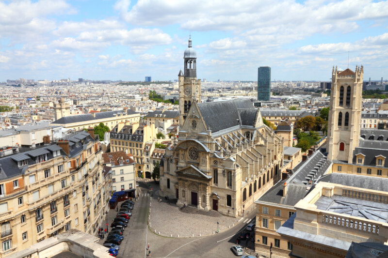 Aerial city view with Saint Etienne du Mont church