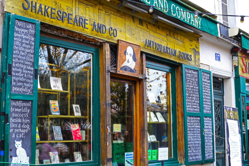 Closeup of historical Shakespeare library book store building front facade