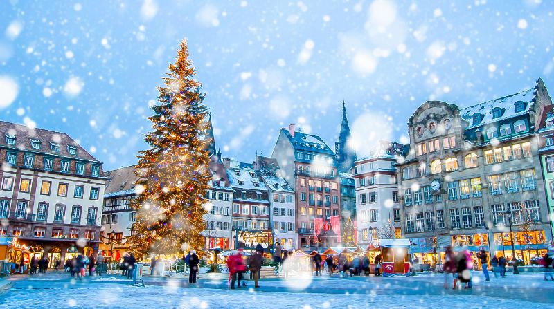 Christmas market under the snow in France