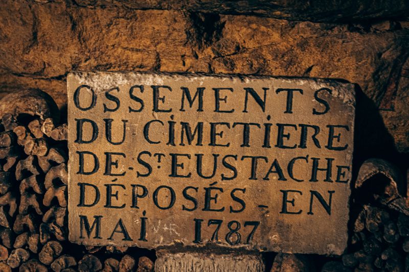 Gravestones at the catacombs in Paris