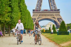 Romantic couple in Paris on a summer day