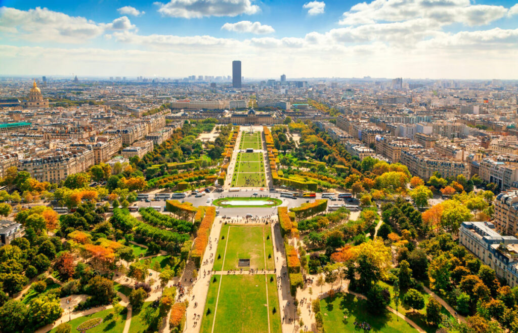 View of Champ de Mars from the Eiffel Tower in Paris, France.