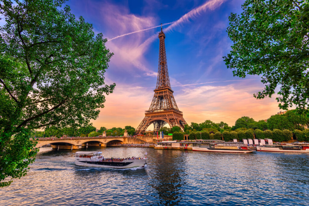 Paris Eiffel Tower and river Seine at sunset in Paris, France