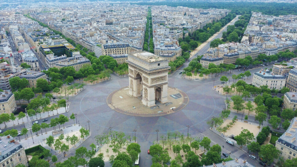 Aerial View of Arc de Triomphe at the city center of Paris, France