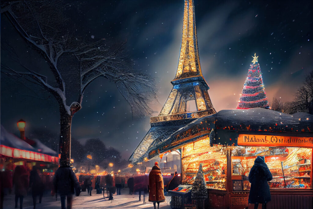 Christmas market in Paris, Eifel tower - France