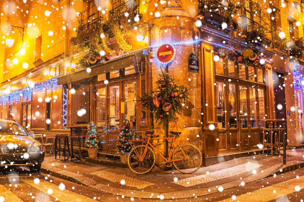 During the Christmas season in Paris, countless restaurants offer special festive menus and provide a warm, welcoming atmosphere while you dine.