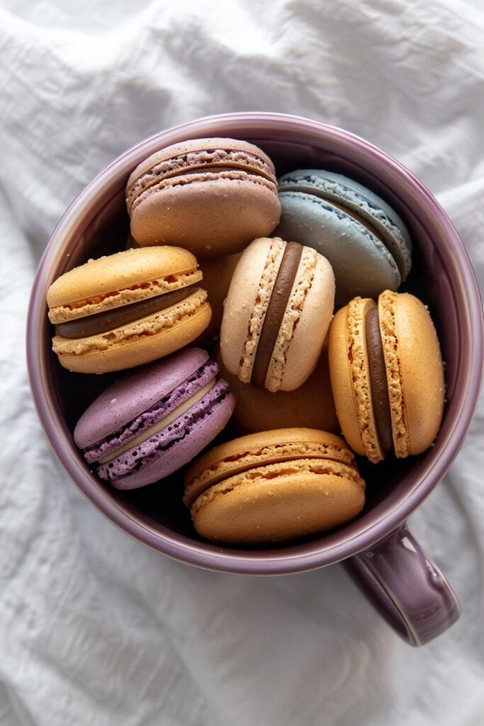 Assorted macarons in a purple mug on white background