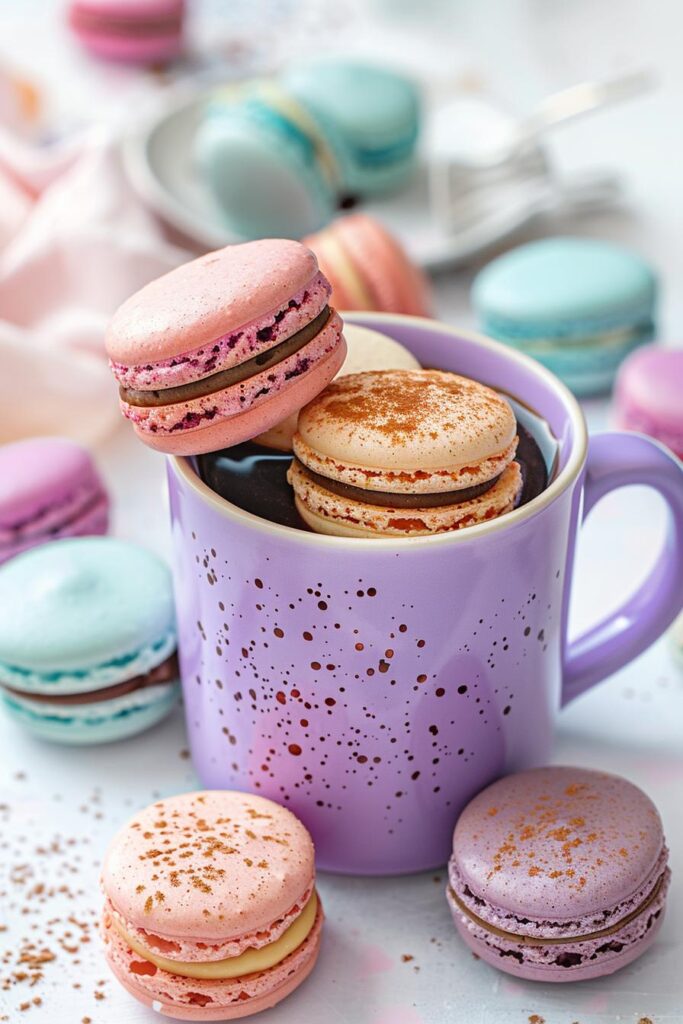 Assorted colorful macarons in purple mug on light background.