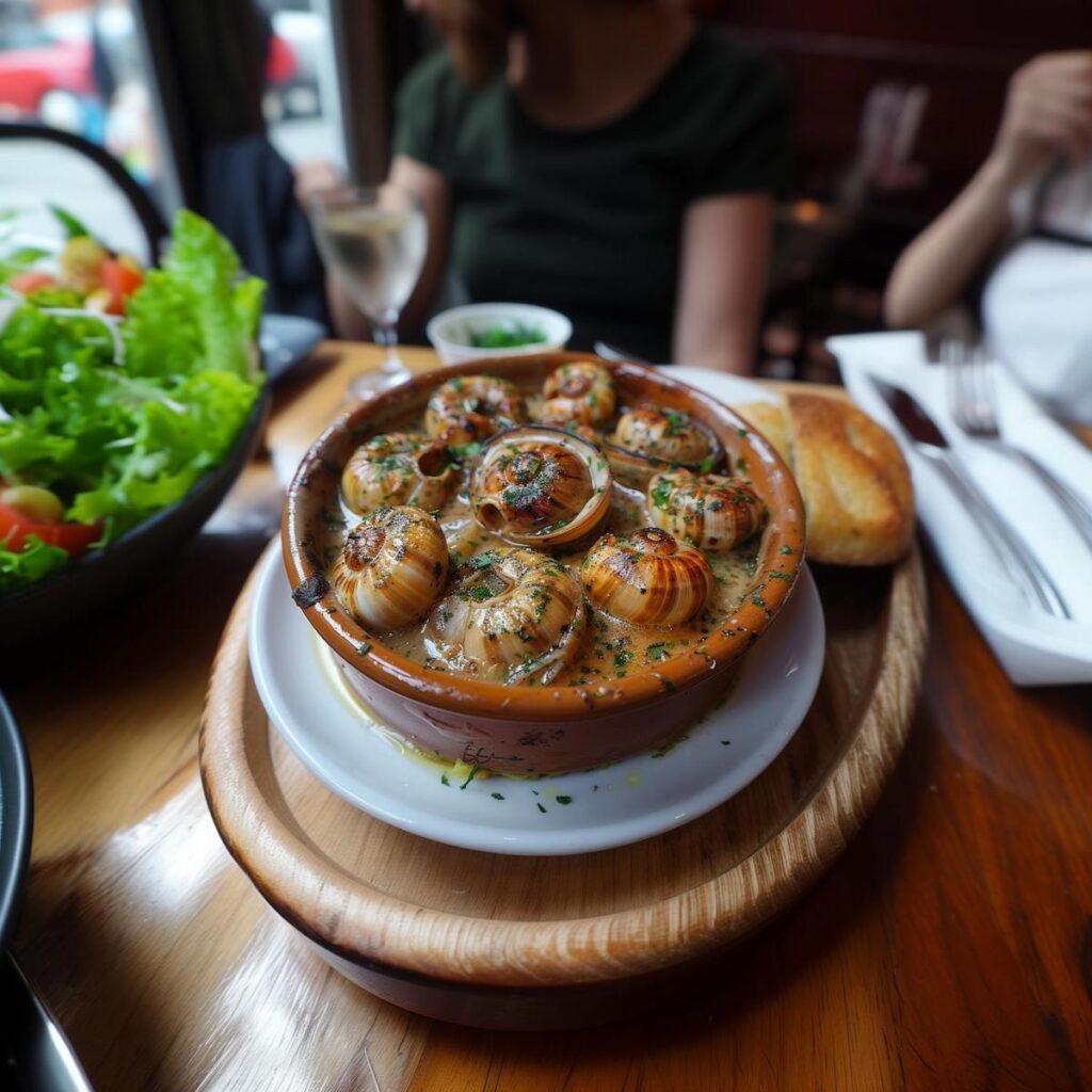 Authentic French escargot dish served in a Parisian bistro, garnished with herbs, alongside fresh salad and wine.