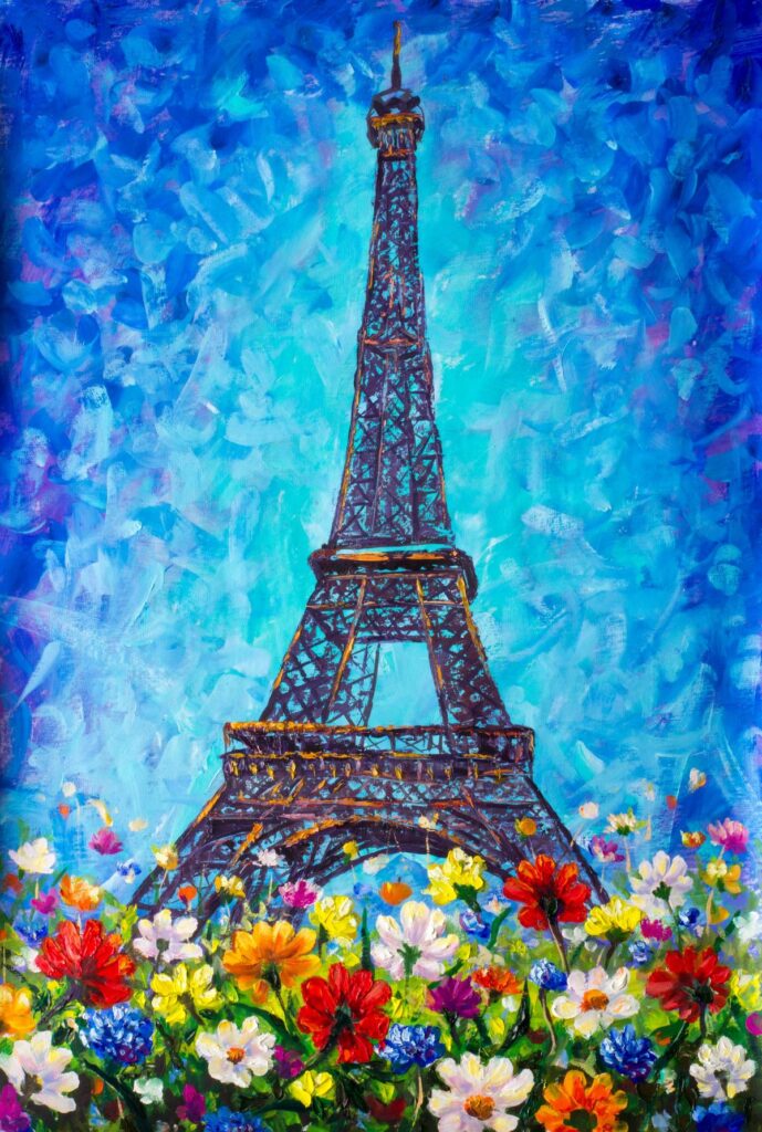 Vibrant Eiffel Tower painting with colorful flowers, impressionist art, Paris landmark
