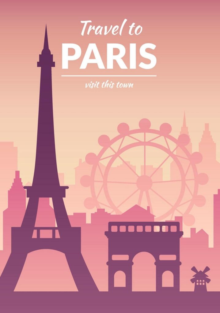Paris travel poster with Eiffel Tower, Ferris wheel, and Arc de Triomphe in sunset colors.