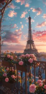 Eiffel Tower silhouette at sunset, framed by pink roses on balcony, romantic Paris cityscape view