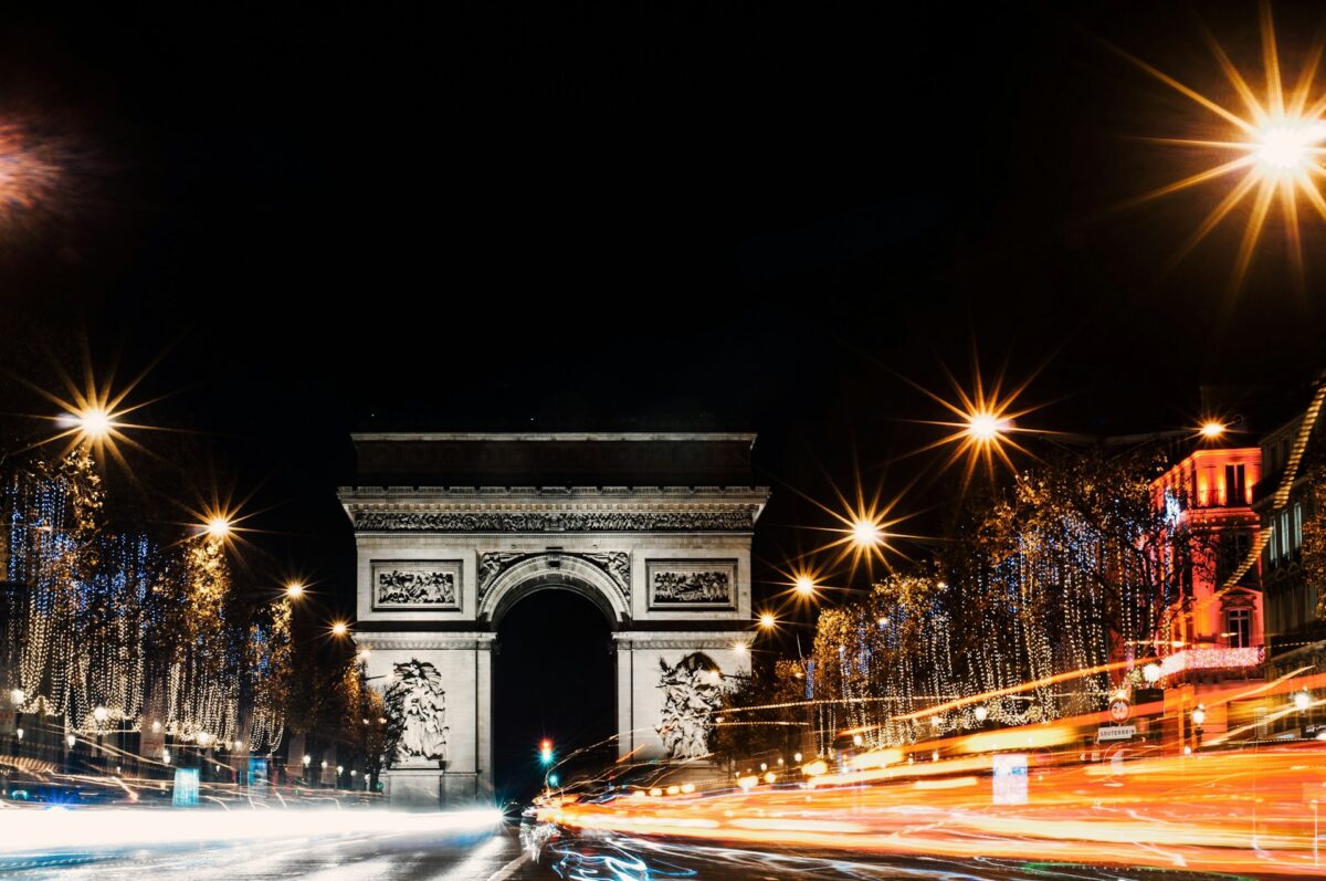 Aerial view of Arc de Triomphe, Paris at night