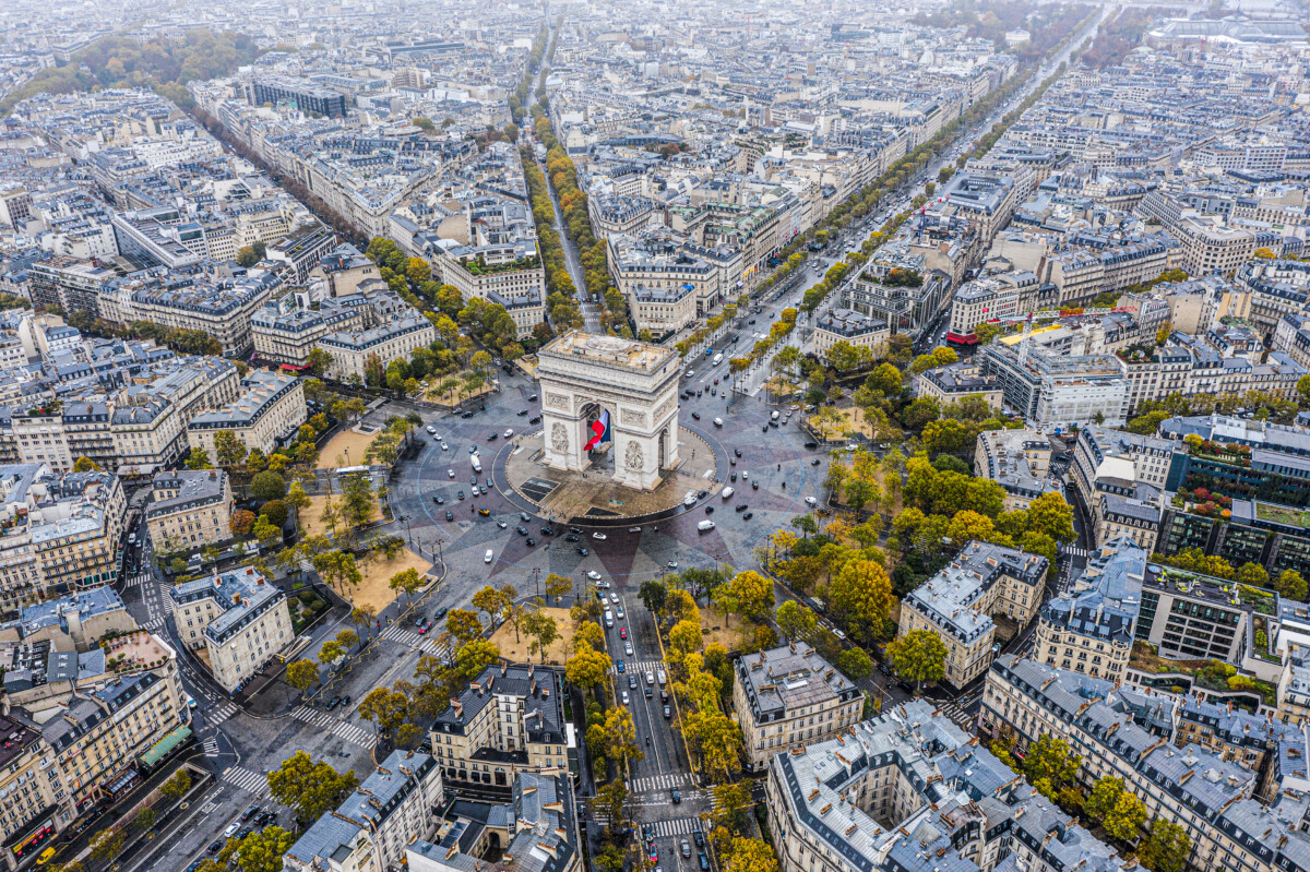 Aerial and top view of Arc de Triomphe Monument in Paris, France