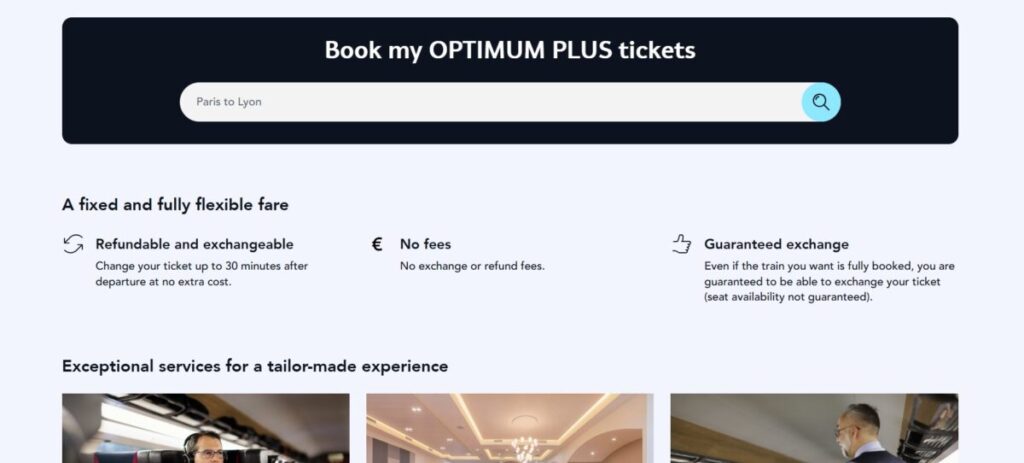 Website interface for booking SNCF Optimum Class tickets in Paris