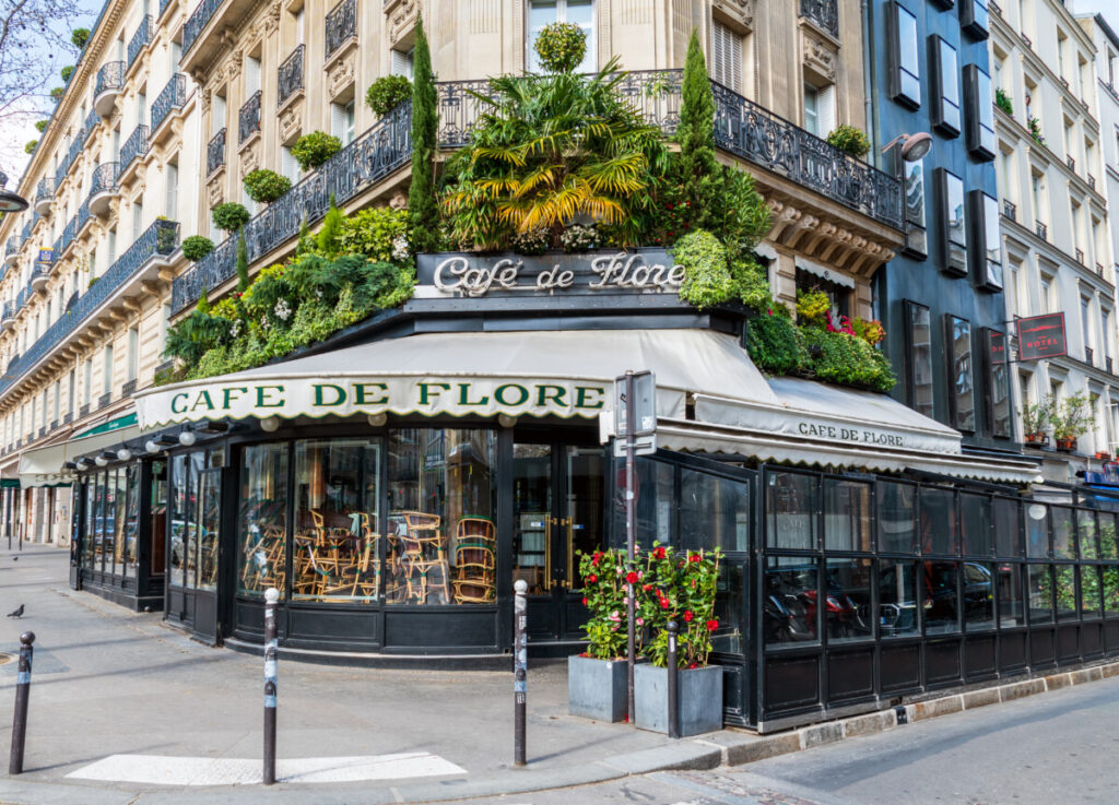 Exterior look of the Cafe de Flore in Paris, France