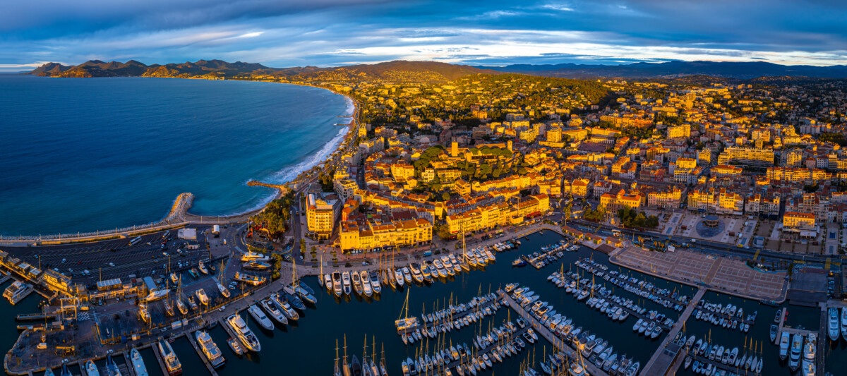 Aerial view of Cannes, a resort town on the French Riviera, is famed for its international film festival