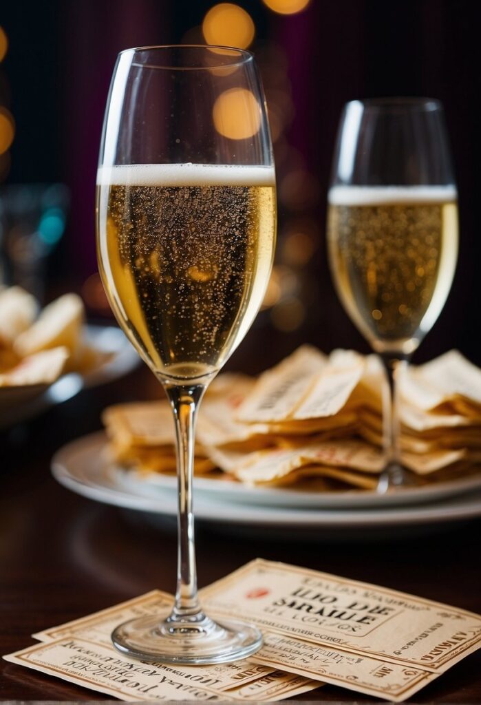 Champagne flutes with bubbles on a festive table.