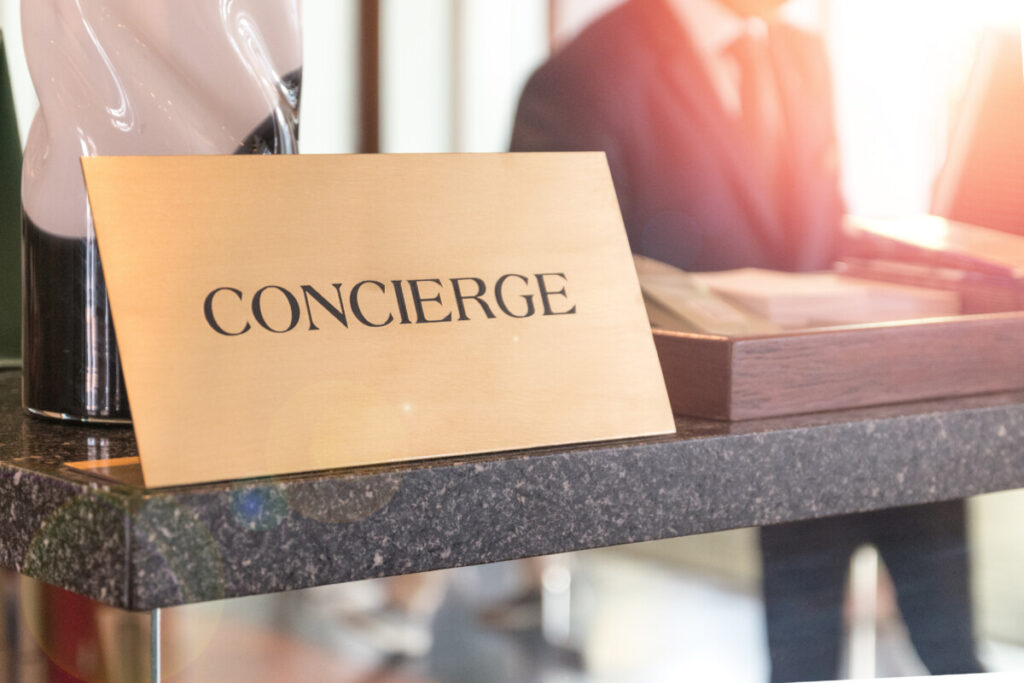 Concierge sign on a concierge desk counter