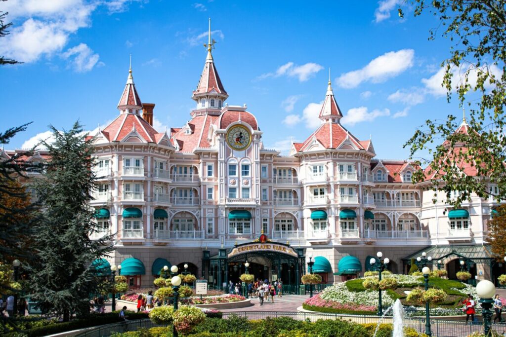 Entrance and white building of Disneyland Paris