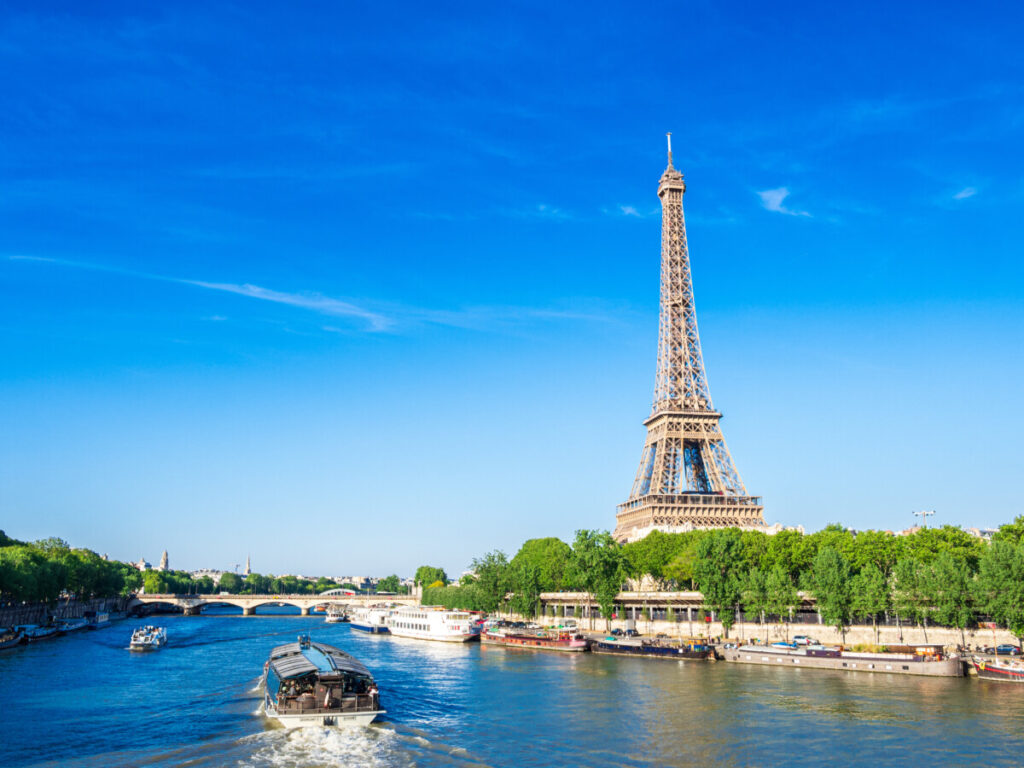 Panoramic view of the seine river, Eiffel Tower and Paris, France skyline