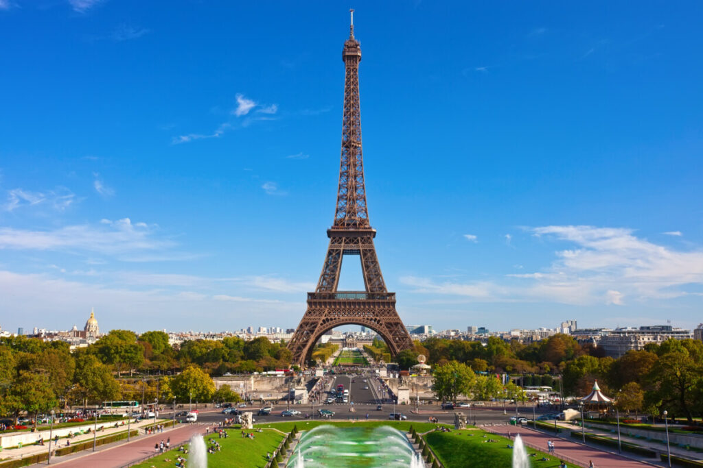 Trocadéro and the facade of Eiffel Tower in Paris, France