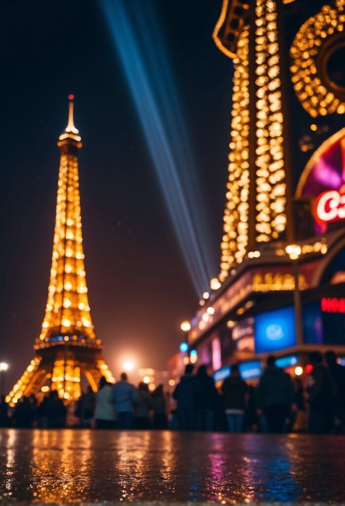 Eiffel Tower illuminated at night with vibrant city lights reflected on wet Paris streets.