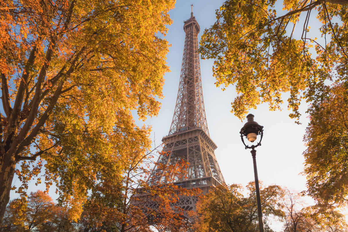 Eiffel Tower and the autumn foliage in Paris, France