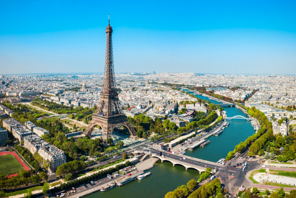 Aerial view of Eiffel Tower and Paris, France cityscape