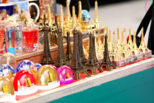 Variety of Eiffel tower souvenirs in Paris, France