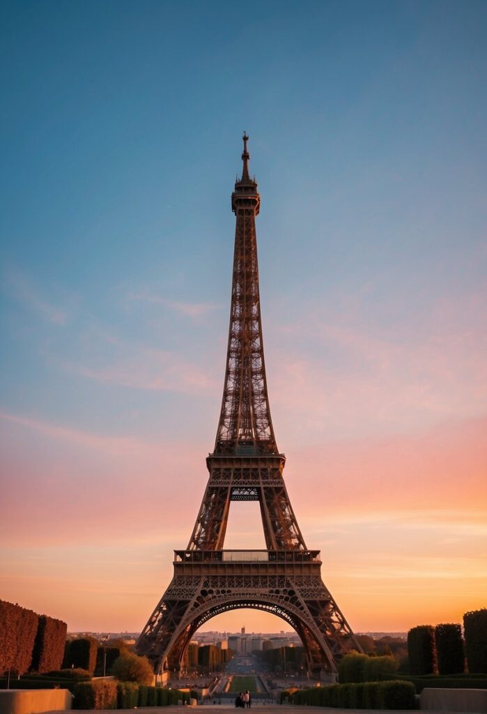 Eiffel Tower at sunset with colorful sky and tranquil Champ de Mars.