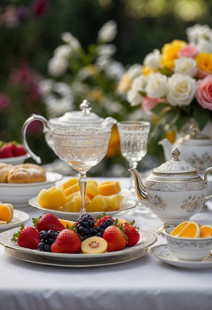 Elegant garden tea service with fine china, fresh fruit, and pastries.