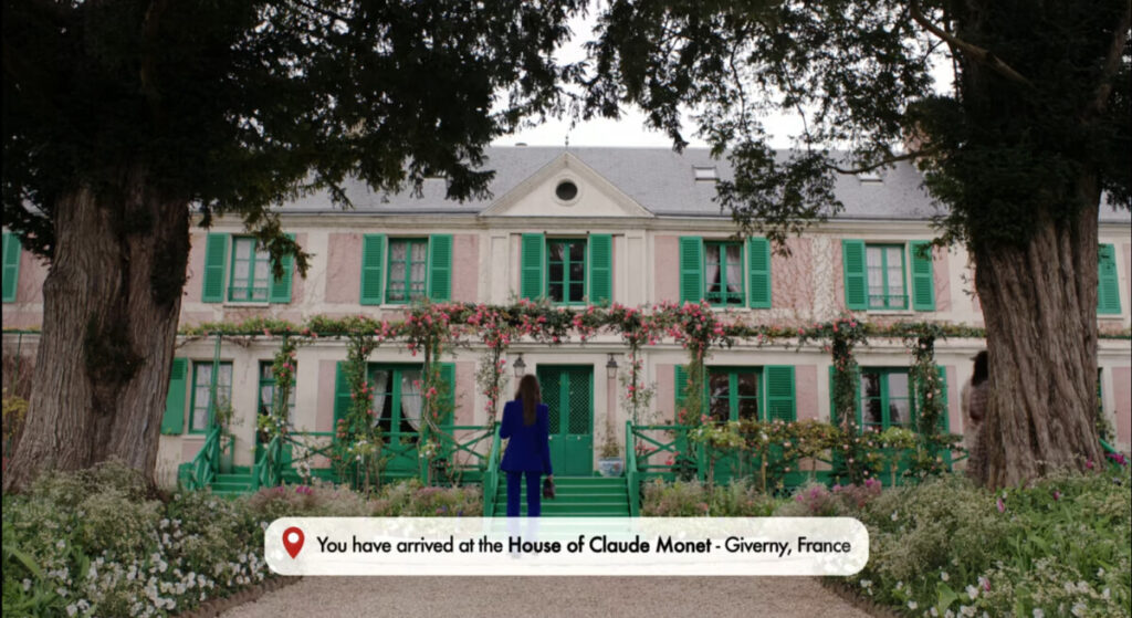 Lily Collins as Emily in Giverny, France, looking for Camille in Emily in Paris, season four, episode two