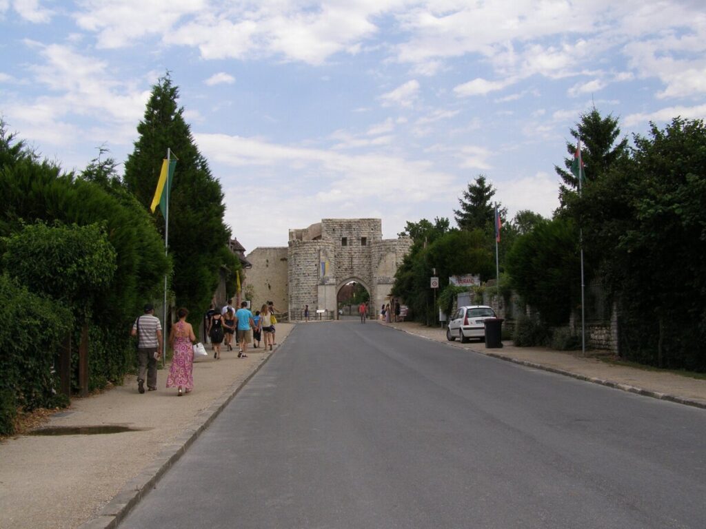 Scenic paved road flanked by trees, located in the charming area of Provins, France.