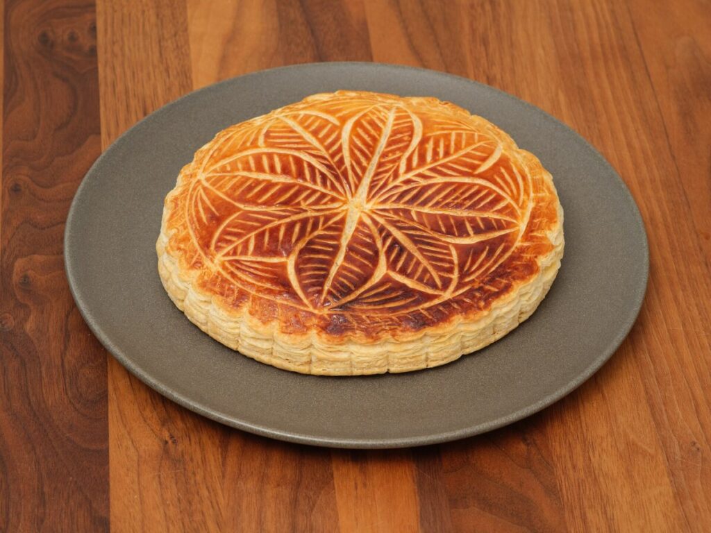 Freshly baked galette on a white plate, displayed on a wooden table