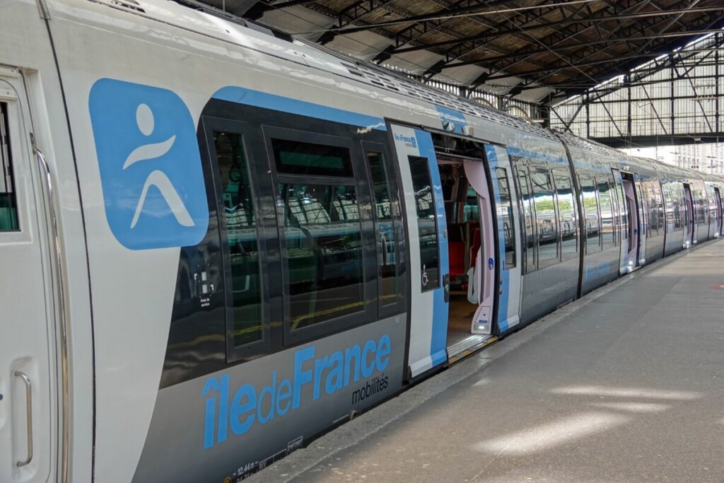 Paris Metro from Île-de-France Mobilités on the platform at a station in Paris